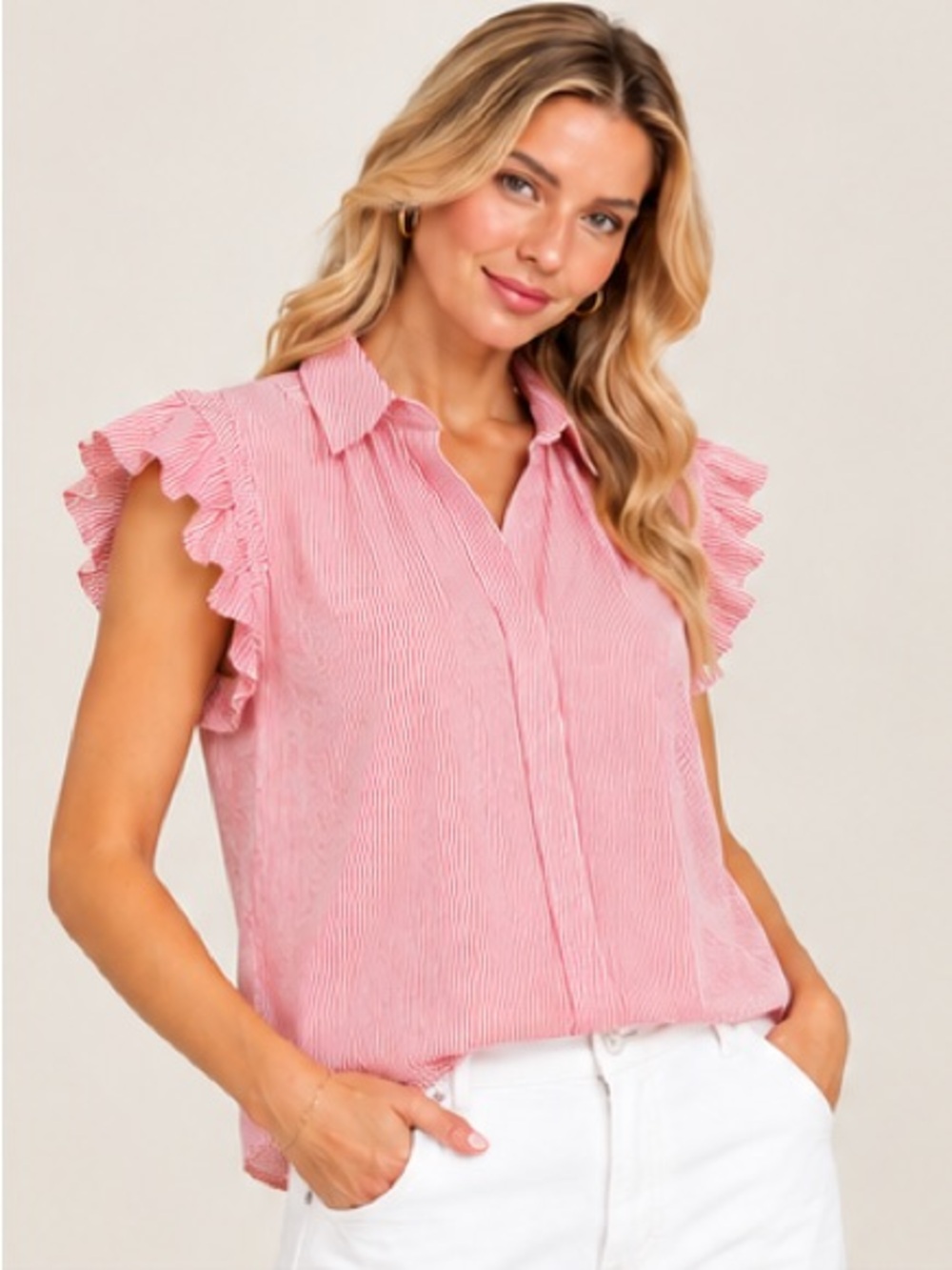Birds of Paradis by Trovata Red White Pinstripe Flutter Sleeve Boxy Fit Blouse S